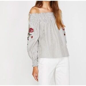 NEW KOTON Bardot Blouse Striped Off Shoulder Floral Long Sleeve-XS Boho‎ Y2K